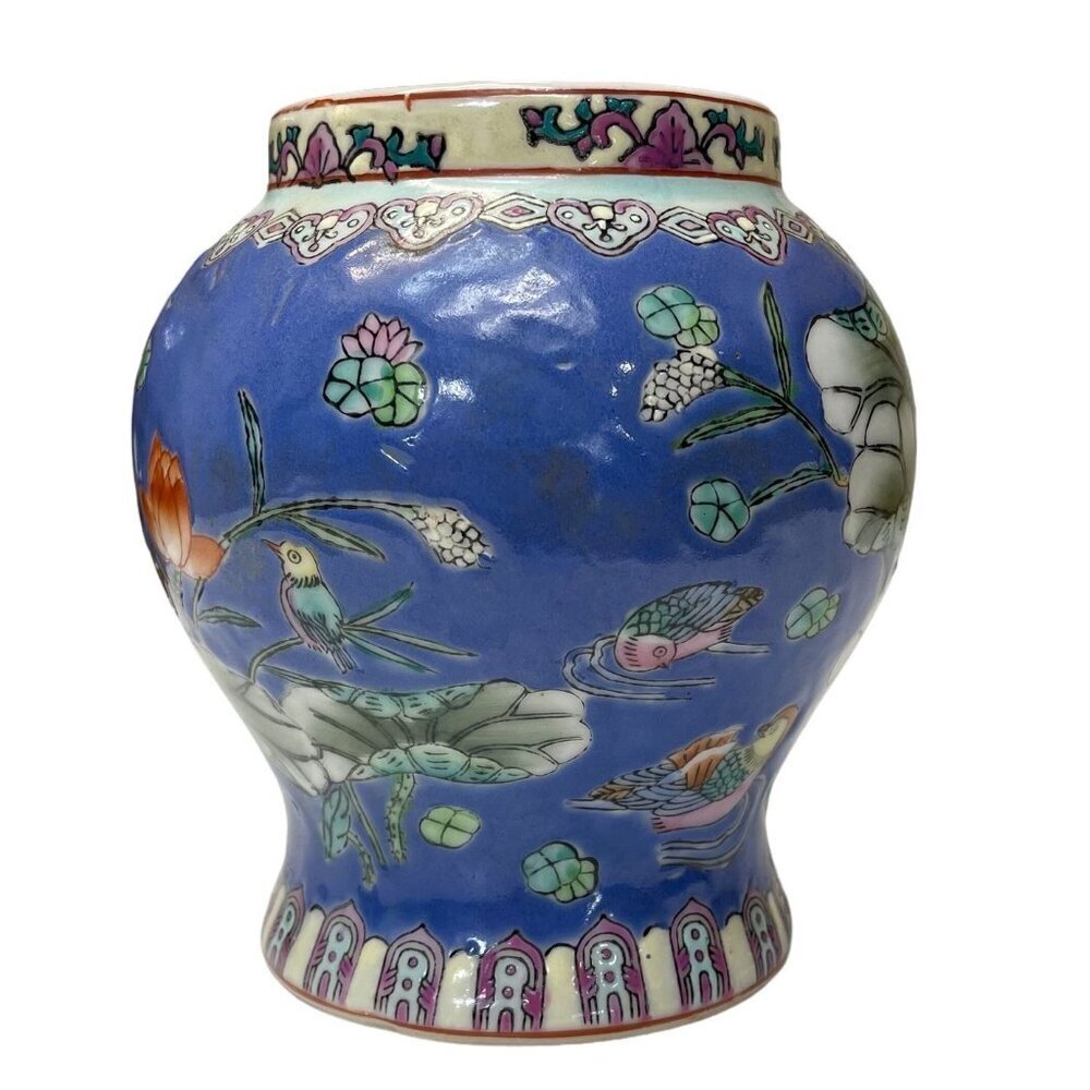 Chinese Hand-Painted Enameled Porcelain Vase with Lotus Flowers and Birds | Blue - Picture 3 of 7